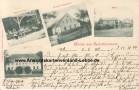 Ansichtskarte: Sprottischdorf Henrykow Garten-Lokal - Hunger s Restaurant - Mhle - Schloss von Knobelsdorff - Rich. Schneider Sprottau Niederschlesien 1899 Nilbau Nielubia Reichspost Austen Herrnlauersitz Kreis Guhrau   ...