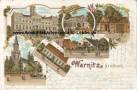 Ansichtskarte: Warnitz Neumark - Schloss von der Osten / von Sydow - Herrenhaus - Pfarrhaus - Gasthof - Kirche - Schulzenamt - Post Telegraph u. �ffentliche Fernsprechstelle - Lithographie - Verlag Fr. Runge - Reichspost 1899 nach Voigsdorf B�rwalde Neumark Kreis K�nigsberg (Neumark) - Brandenburg - Ostbrandenburg - Warnice Debno Soldin  ...